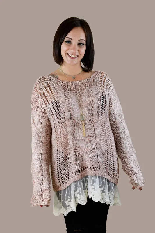 Open Knit Lace Hem Tunic Sweater - Mauve Multi