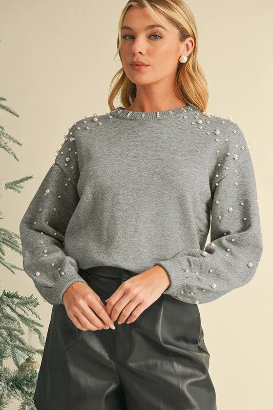 Pearl Drop Shoulder Round Neck Sweater  - Online Exclusive