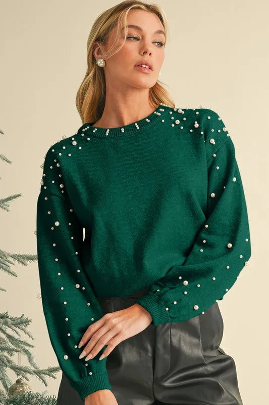 Pearl Drop Shoulder Round Neck Sweater  - Online Exclusive