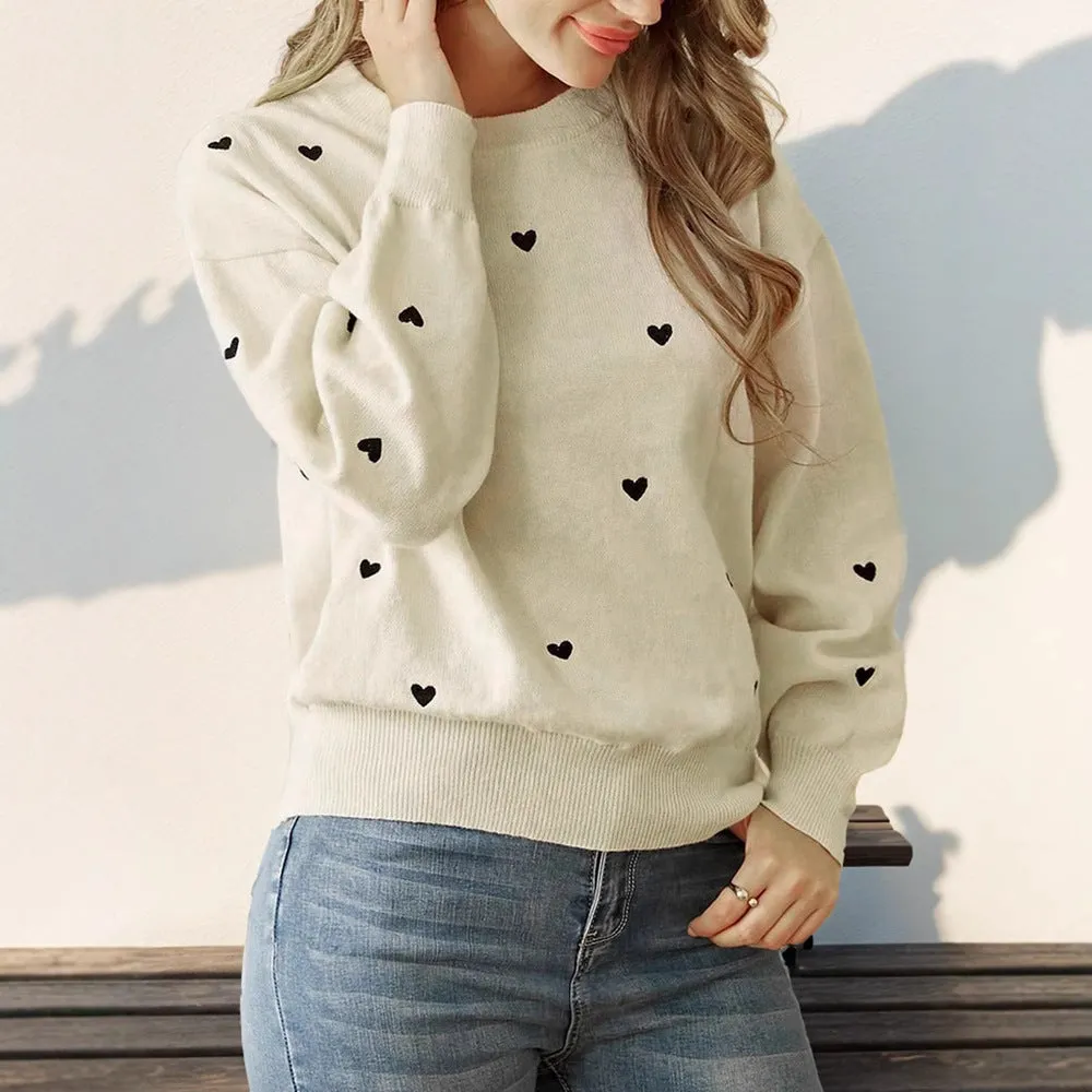 PEOPLETERRITORY hot sale Valentine's Day love crew neck sweater women's simple and versatile premium milk white pullover sweater