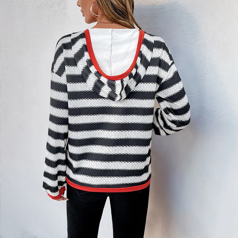 PEOPLETERRITORY  women's clothing black and white striped sweater autumn new pullover hooded casual versatile sweater women