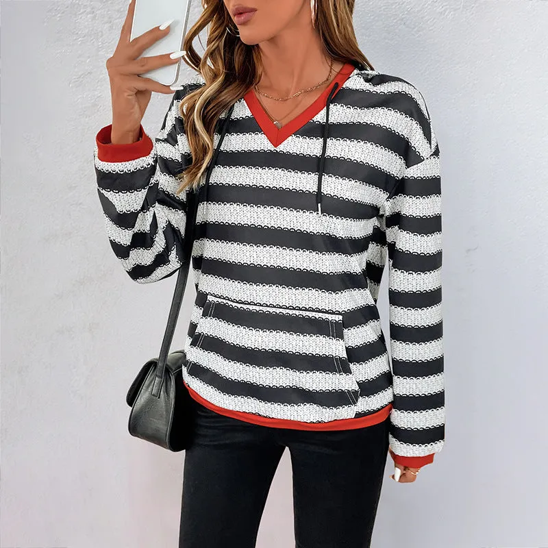 PEOPLETERRITORY  women's clothing black and white striped sweater autumn new pullover hooded casual versatile sweater women