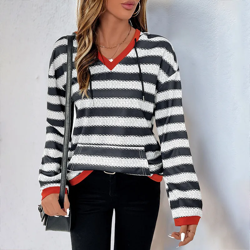 PEOPLETERRITORY  women's clothing black and white striped sweater autumn new pullover hooded casual versatile sweater women