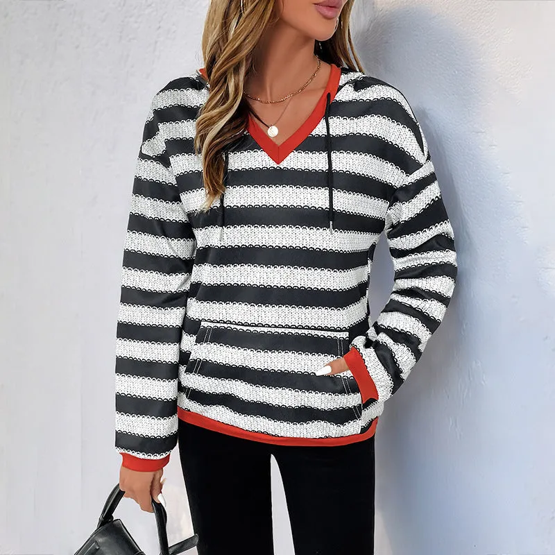 PEOPLETERRITORY  women's clothing black and white striped sweater autumn new pullover hooded casual versatile sweater women