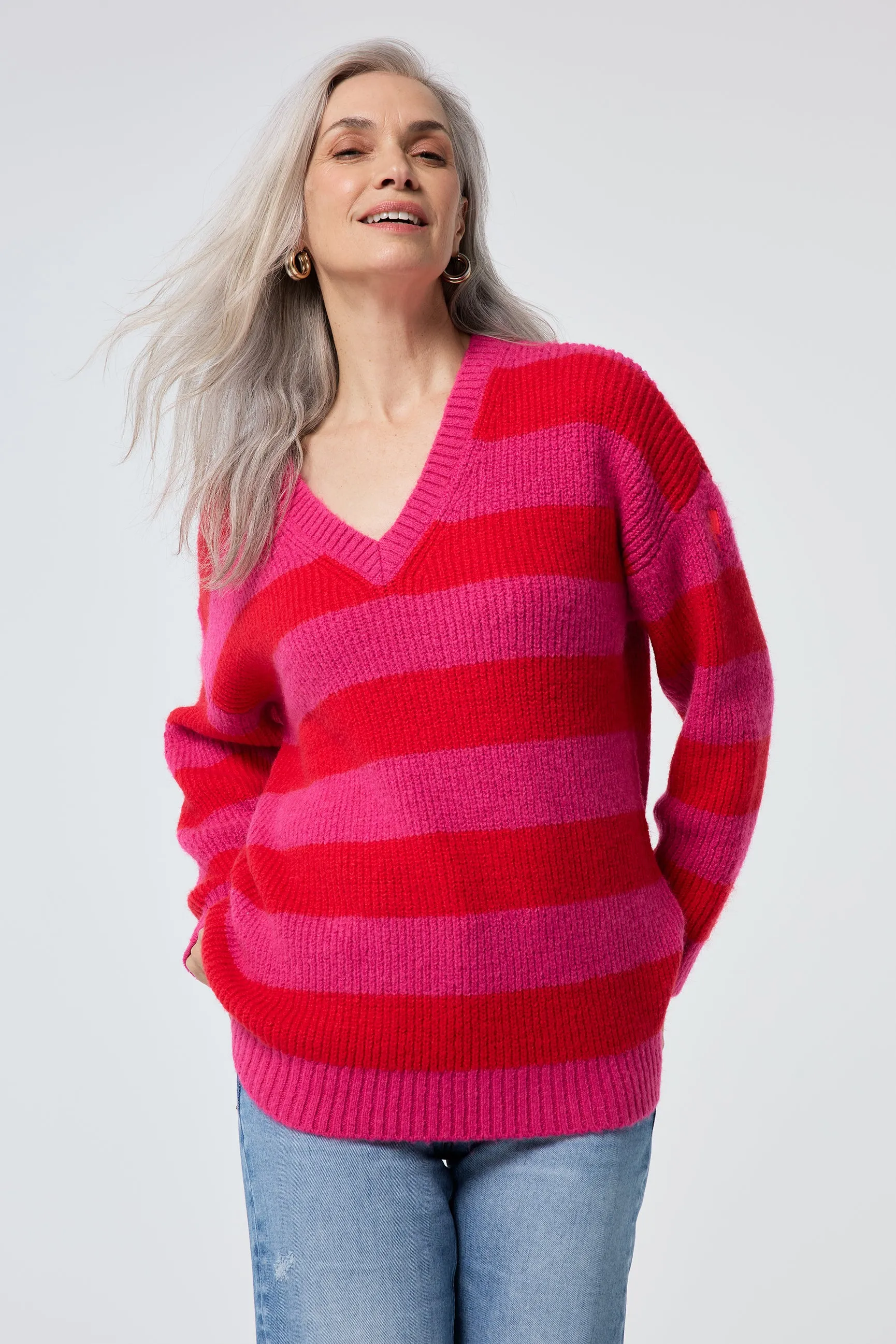 Pink and Red Stripe V Neck Knit Jumper