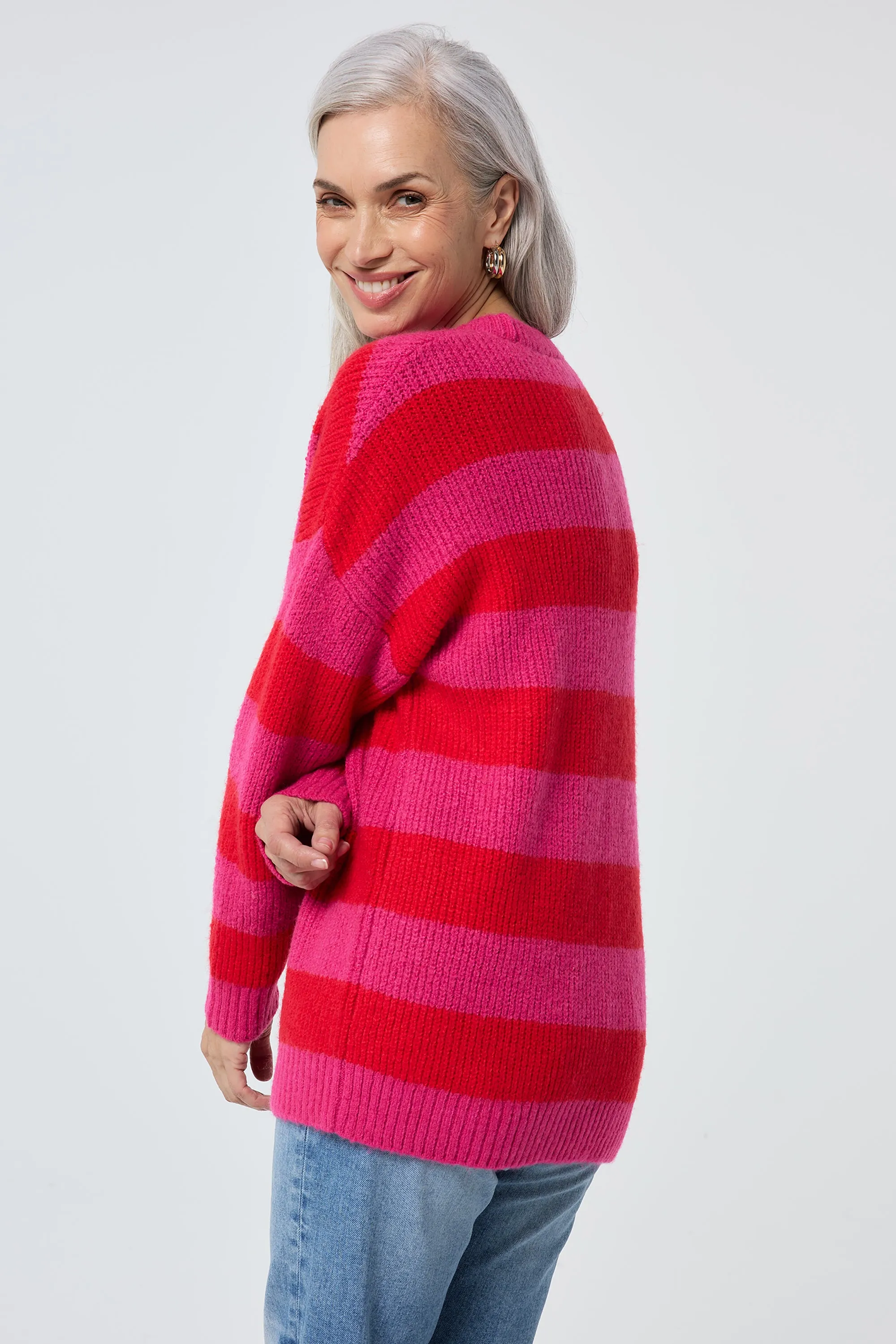 Pink and Red Stripe V Neck Knit Jumper