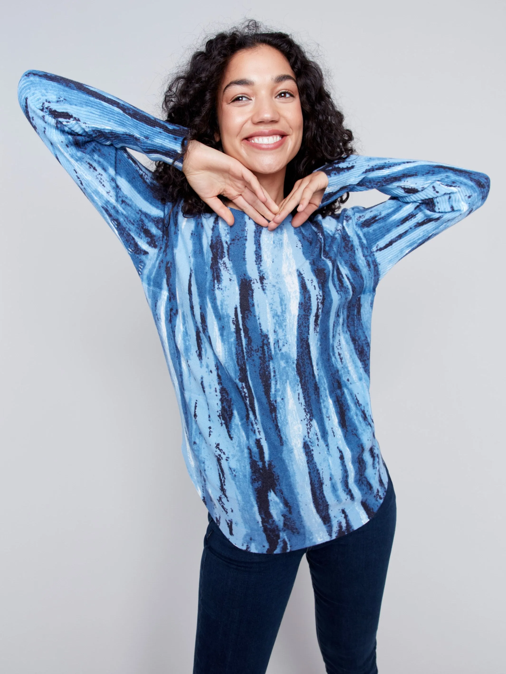 Printed Plush Knit Sweater - Denim