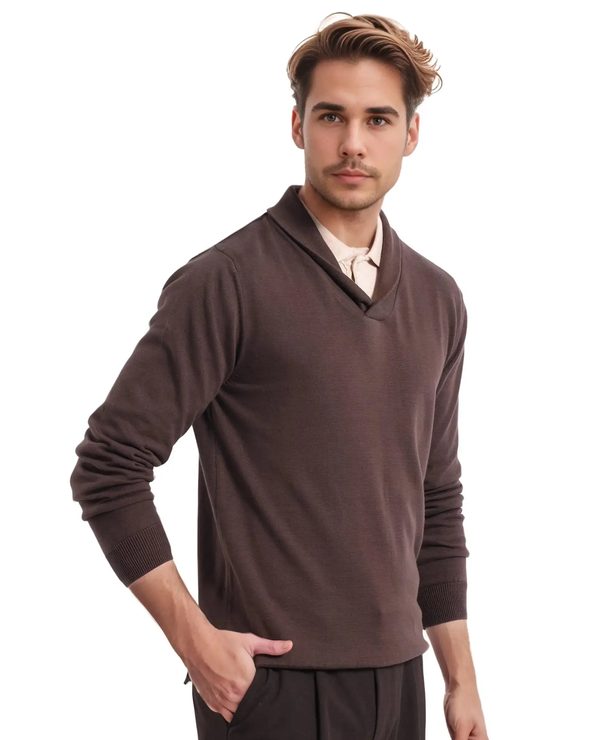 Rare Rabbit Men's Kenlay Brown Full Sleeve Collarless Regular Fit Plain Sweater