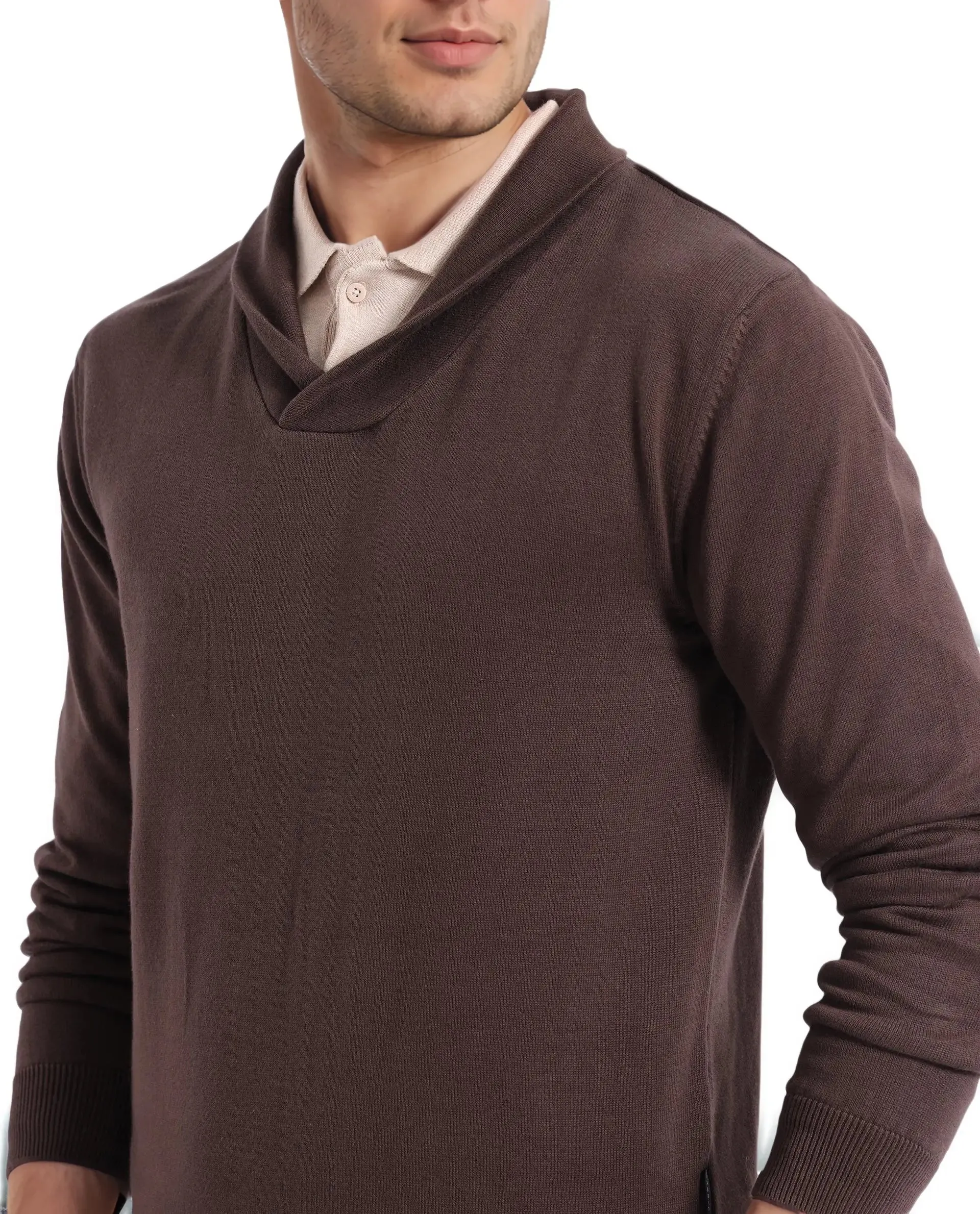 Rare Rabbit Men's Kenlay Brown Full Sleeve Collarless Regular Fit Plain Sweater