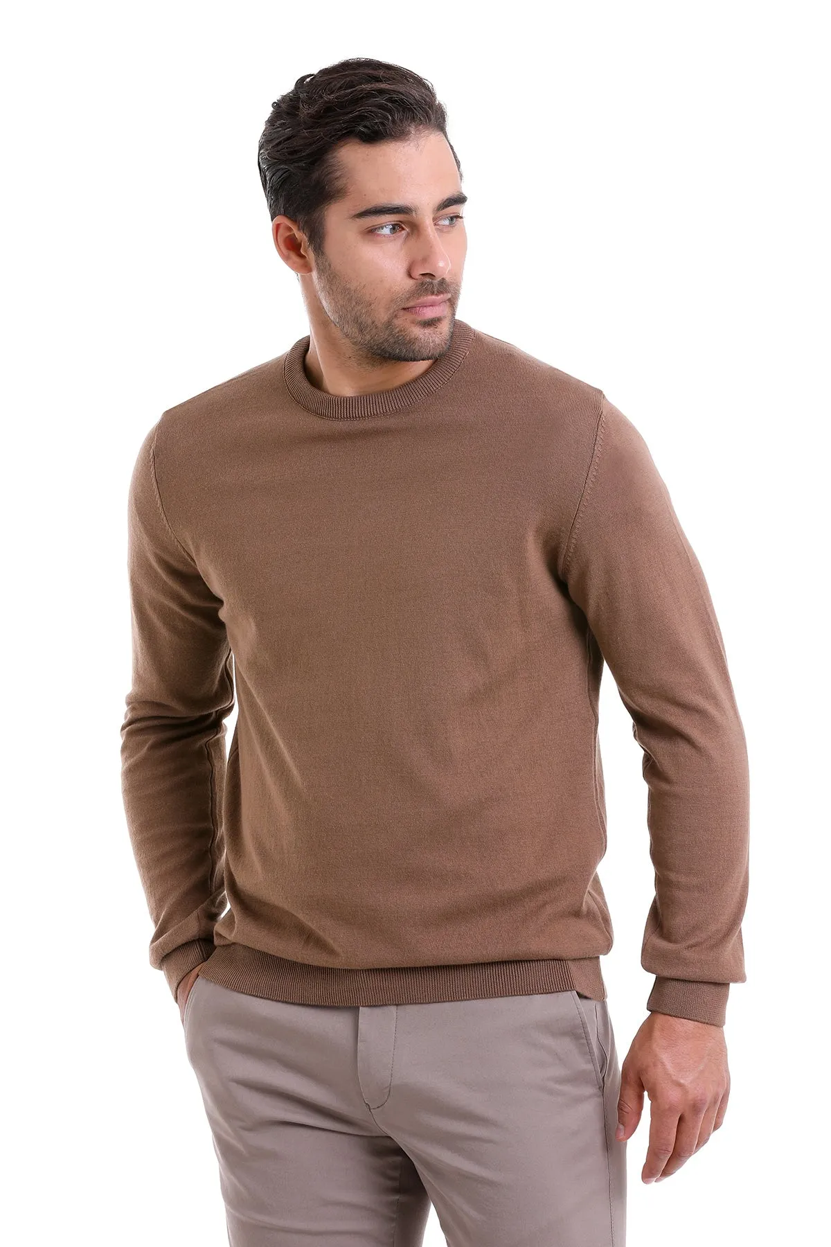 Regular Fit Cotton Tobacco Crewneck Sweater