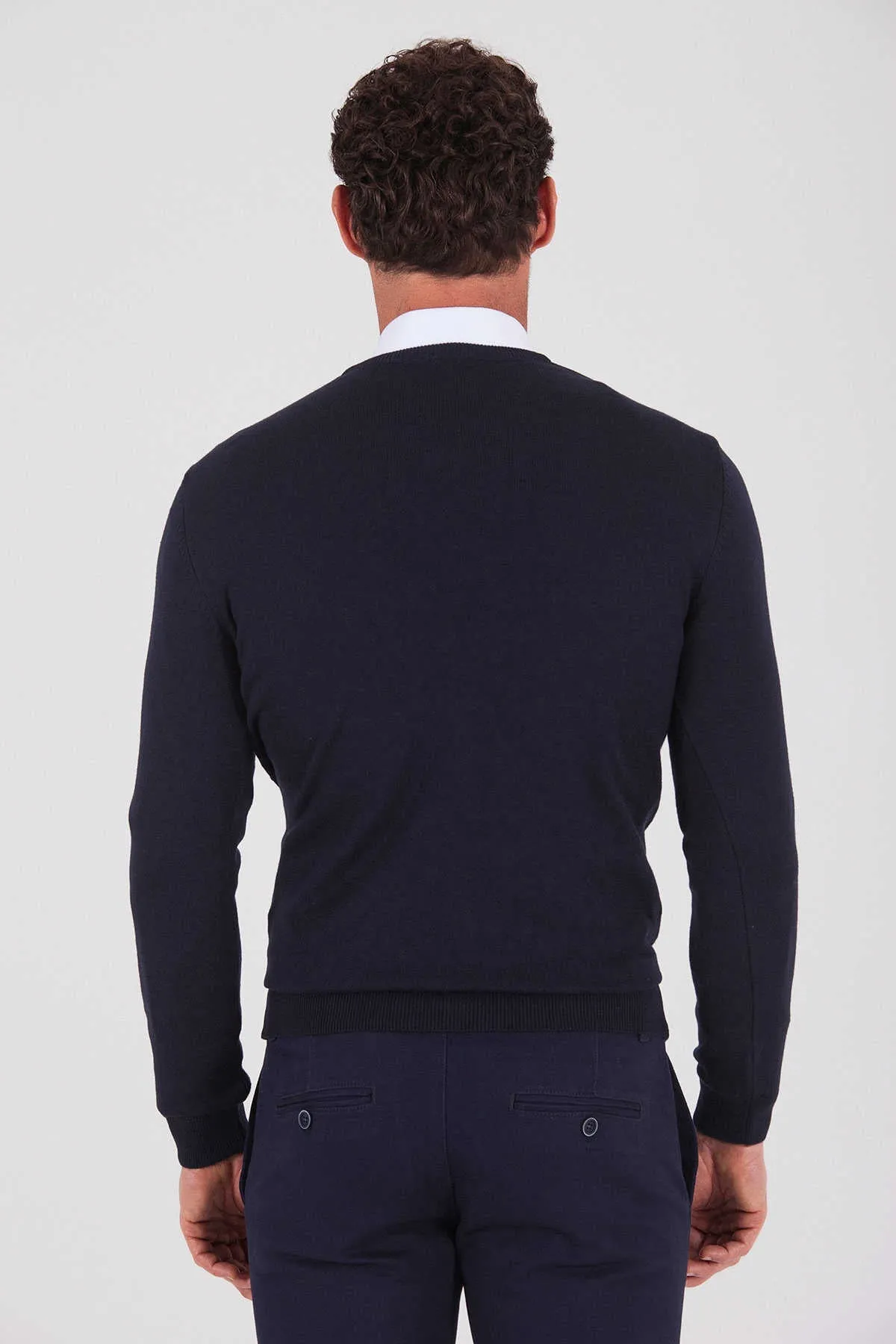 Regular Fit Plain Cotton Blend Khaki V-Neck Sweater, Navy