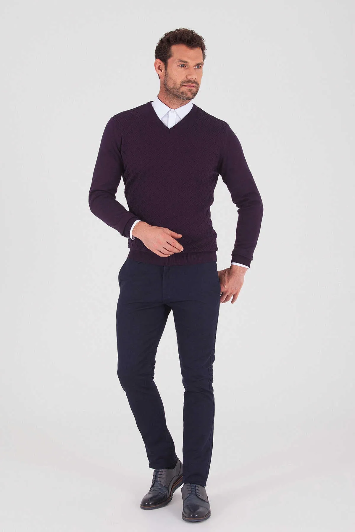 Regular Fit Plain Cotton Blend Khaki V-Neck Sweater, Purple