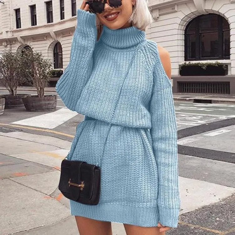 Sexy High Collar Long Sleeve Knit Midi Dress