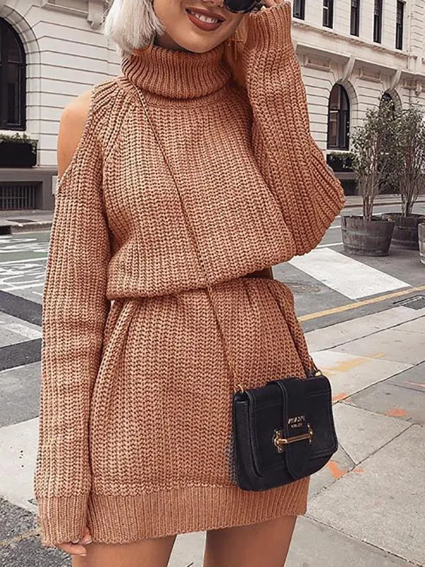 Sexy High Collar Long Sleeve Knit Midi Dress