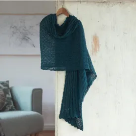 Soft Teal 100% Baby Alpaca Shawl 'Cozy Winter' | NOVICA