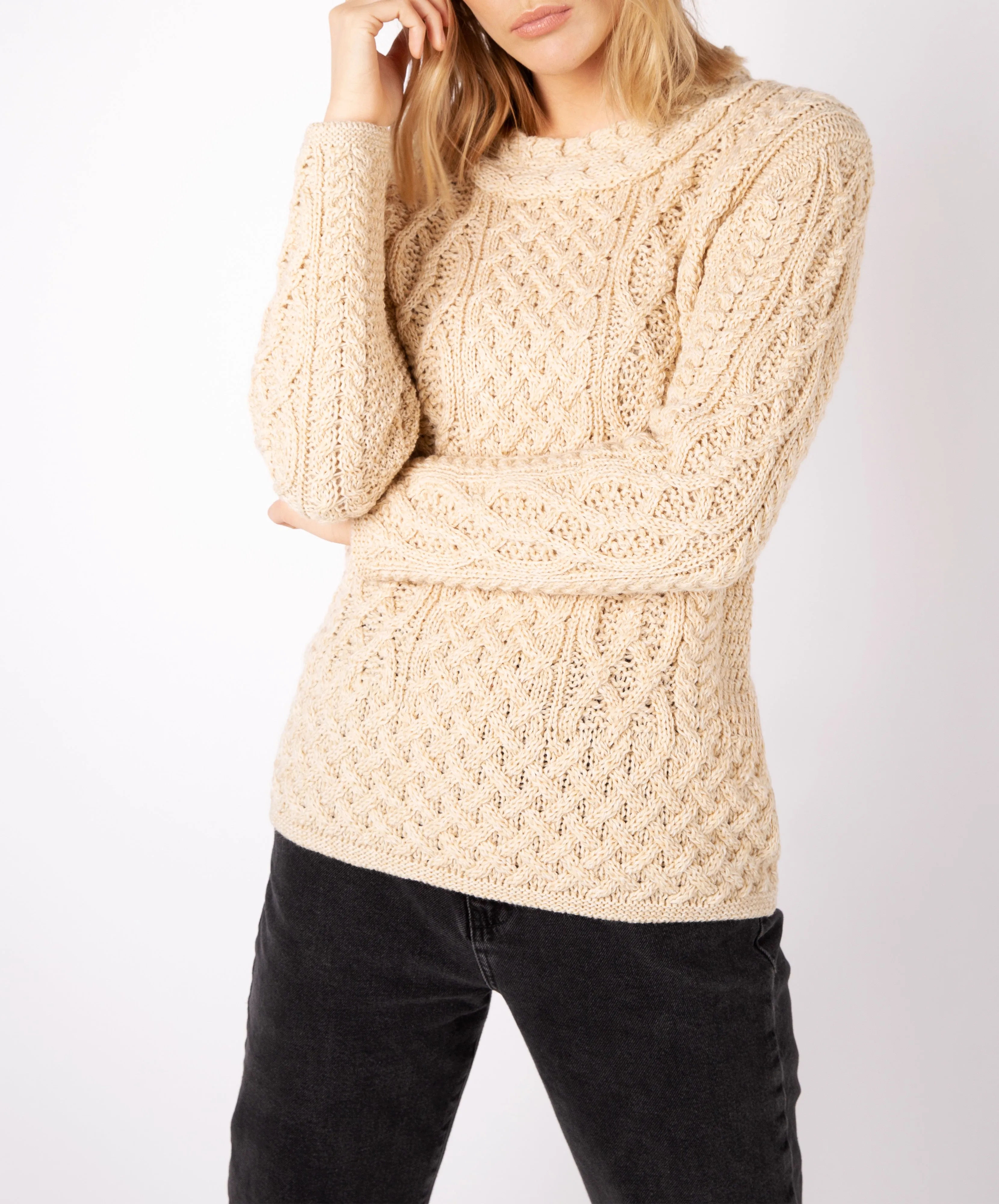 Spindle Aran Cable Neck Sweater Oatmeal Marl