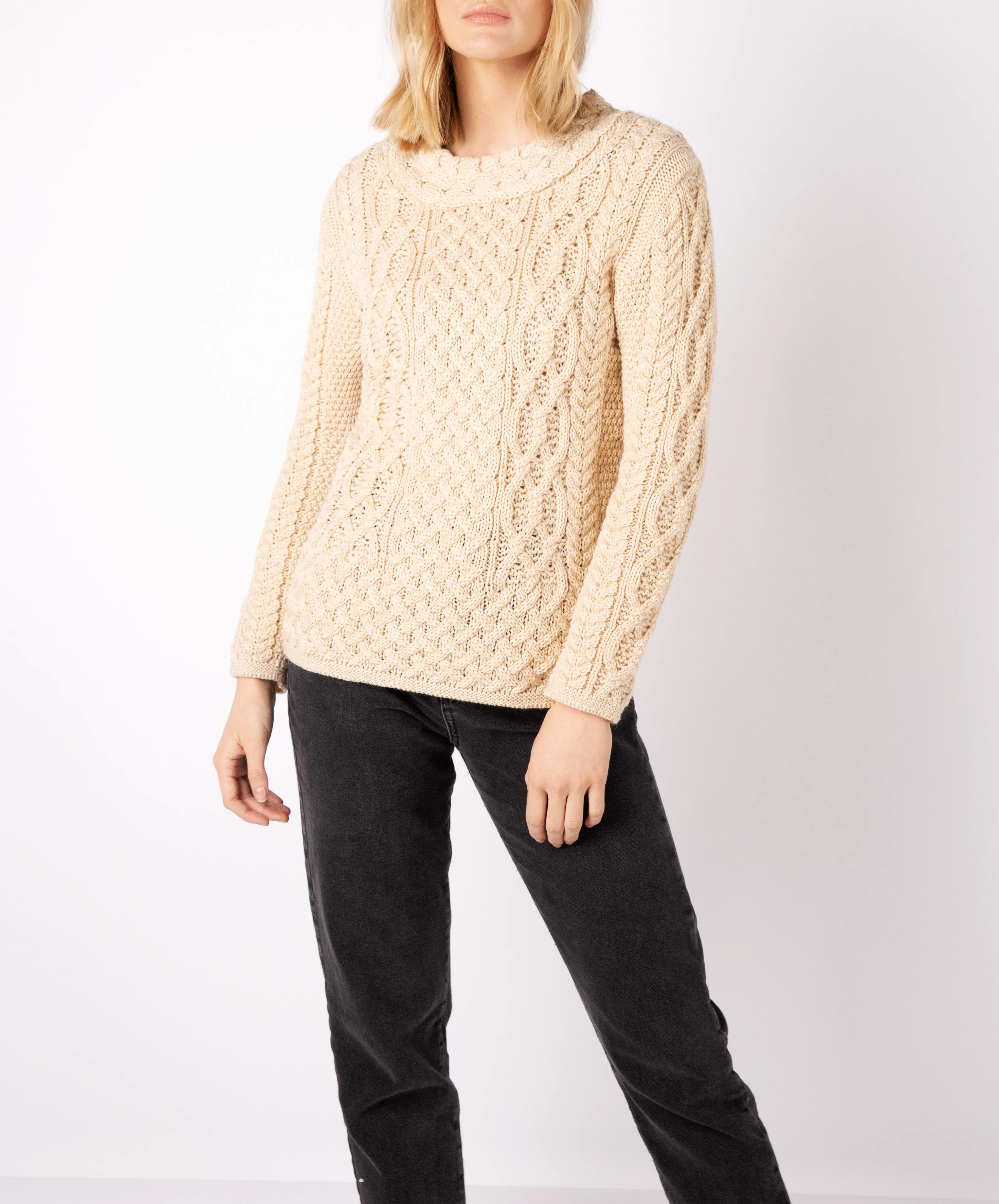 Spindle Aran Cable Neck Sweater Oatmeal Marl