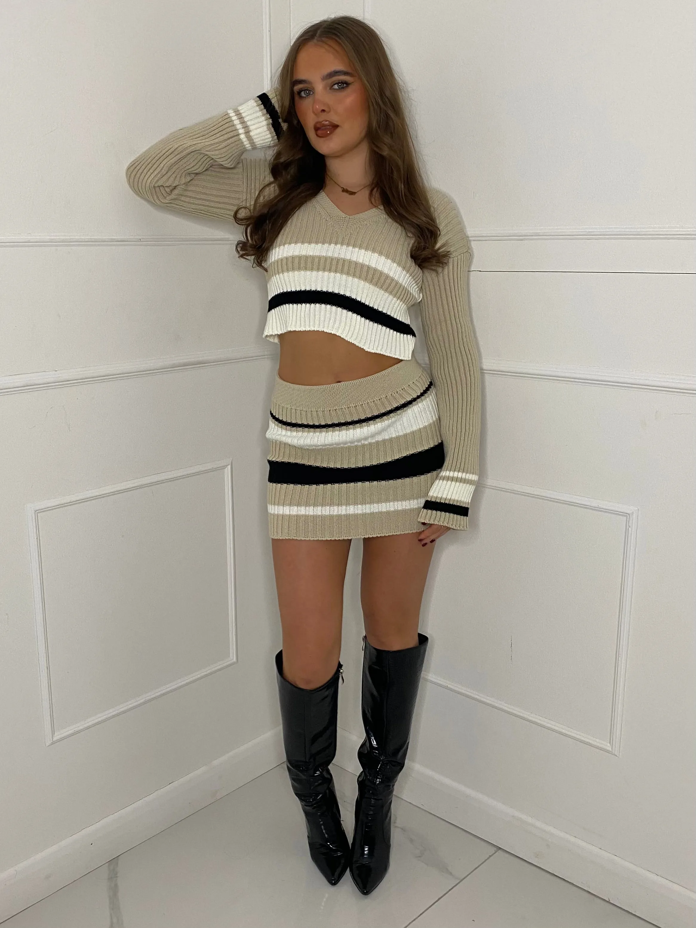 Striped Cropped Knitted Jumper & Skirt Set - Beige/White Contrast