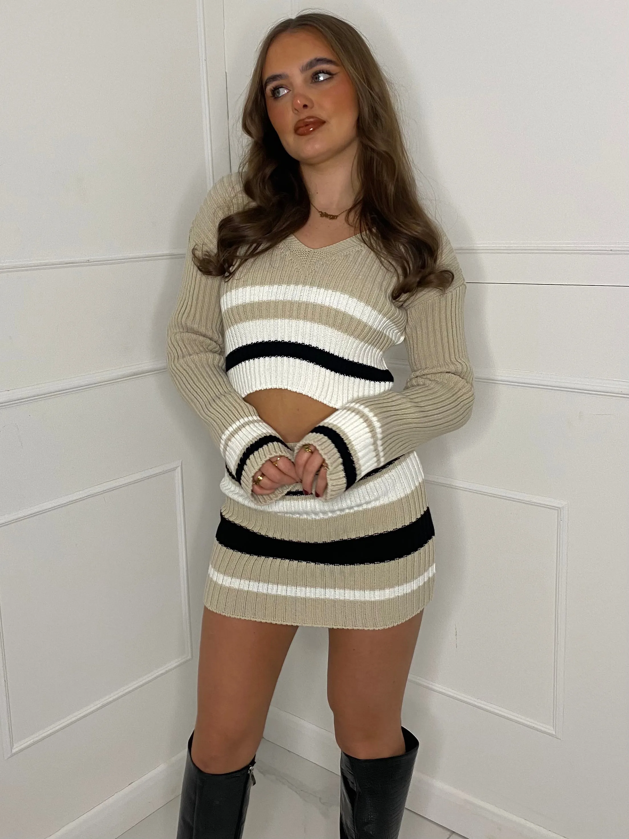 Striped Cropped Knitted Jumper & Skirt Set - Beige/White Contrast