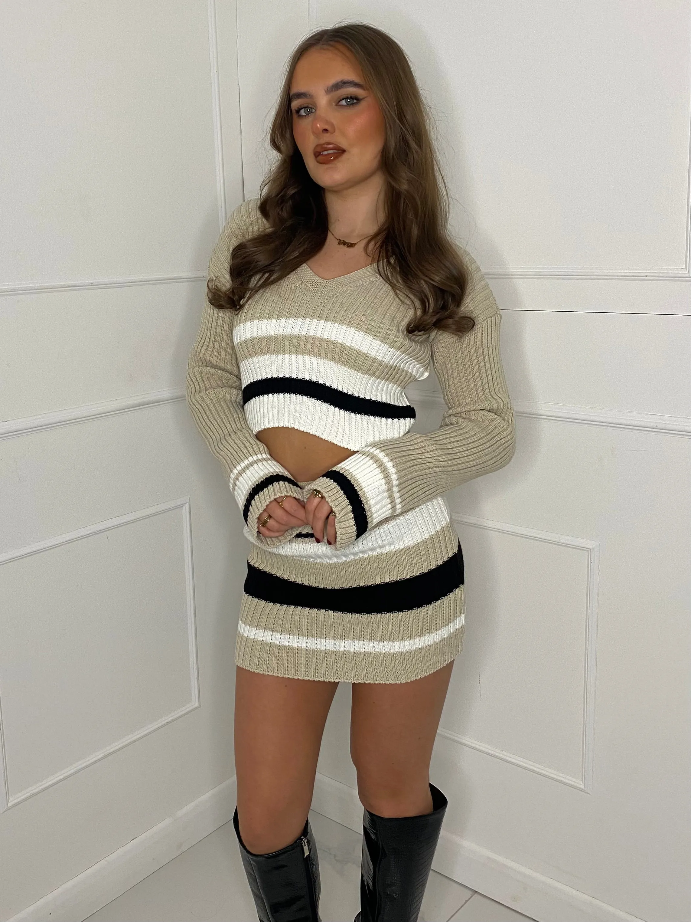 Striped Cropped Knitted Jumper & Skirt Set - Beige/White Contrast