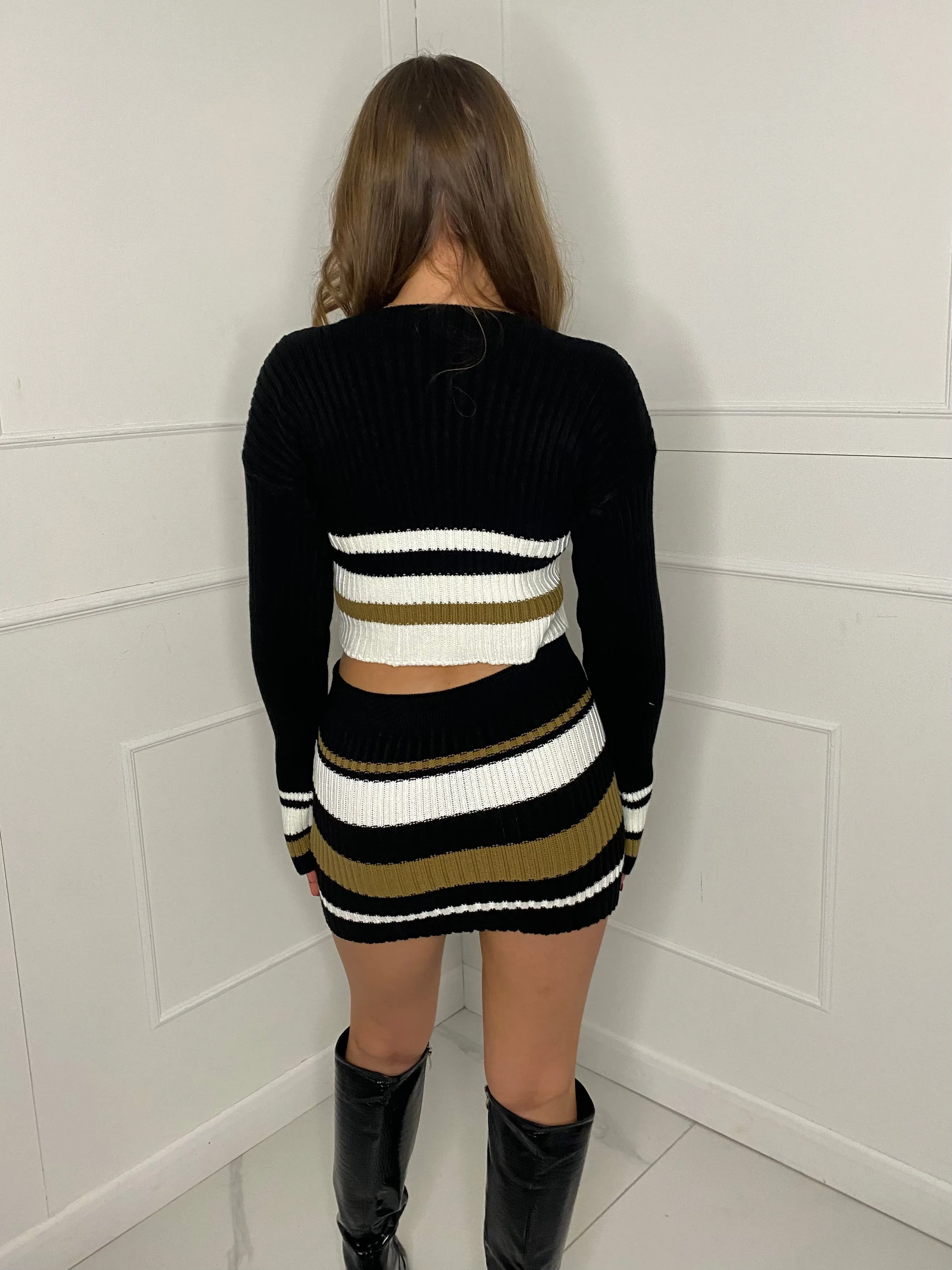 Striped Cropped Knitted Jumper & Skirt Set -  Black/Brown Contrast