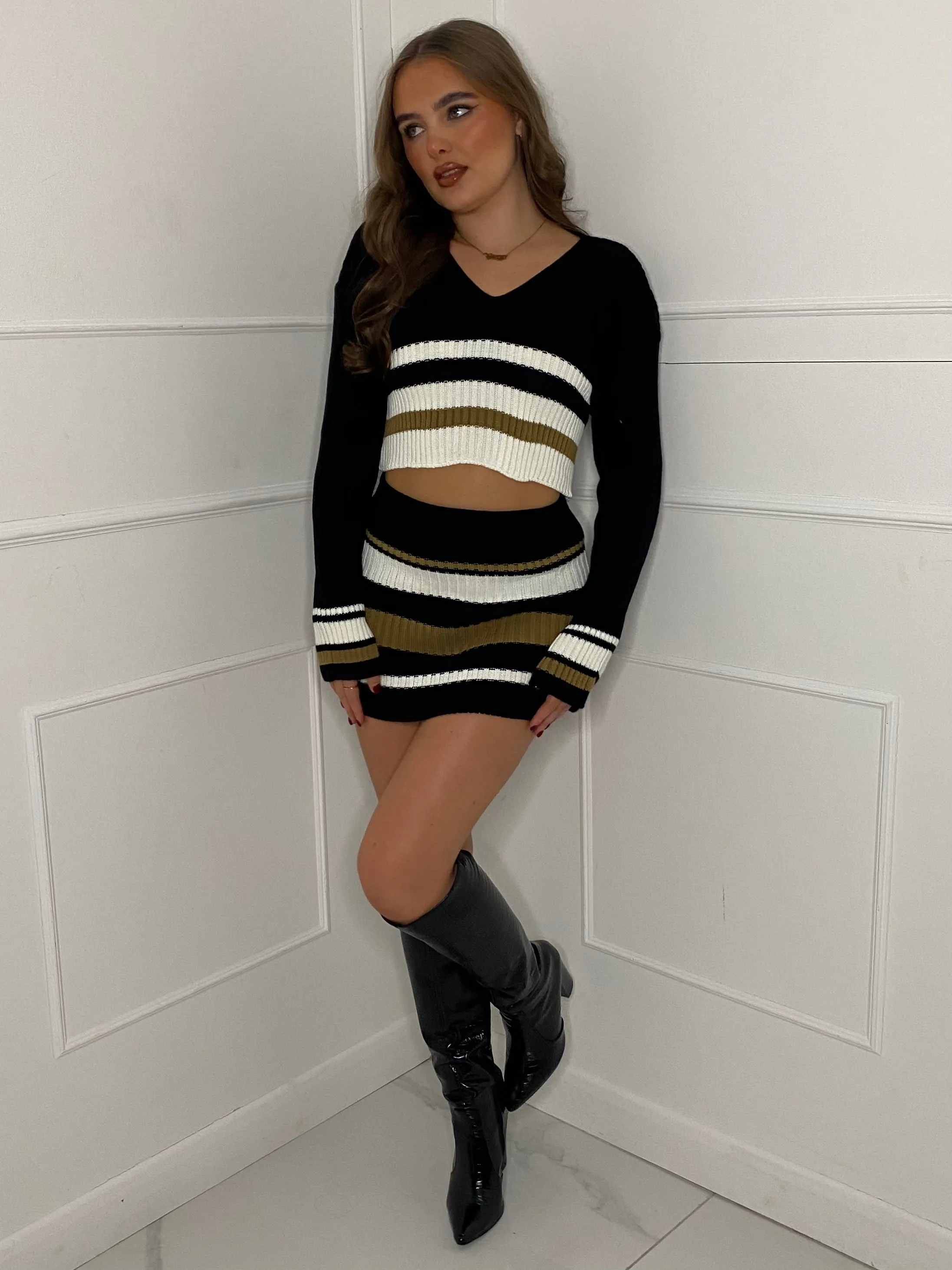 Striped Cropped Knitted Jumper & Skirt Set -  Black/Brown Contrast