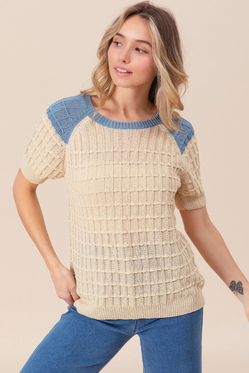 Textured Contrast Short Sleeve Sweater