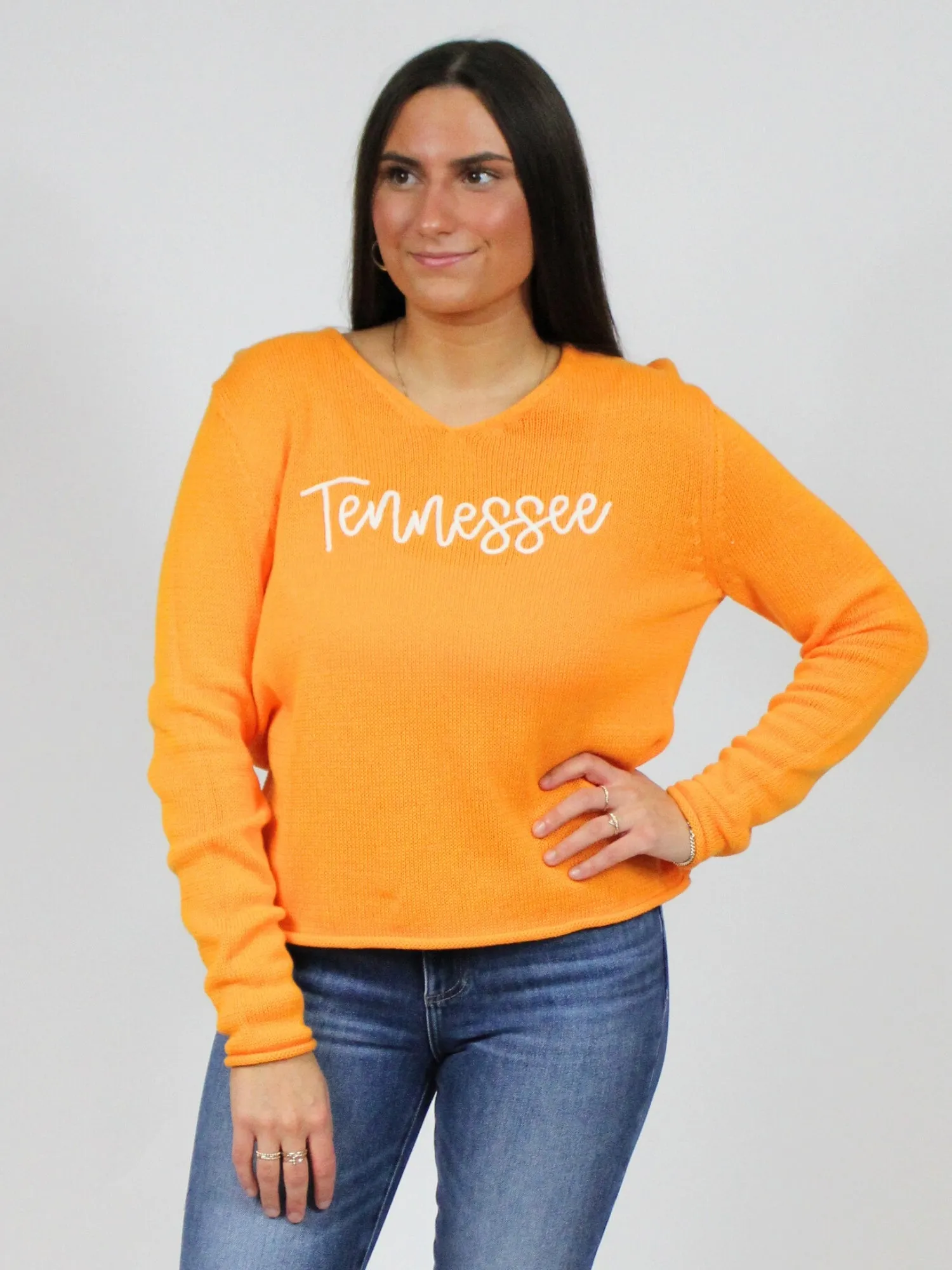 TN Script Embroidered V-Neck Sweater