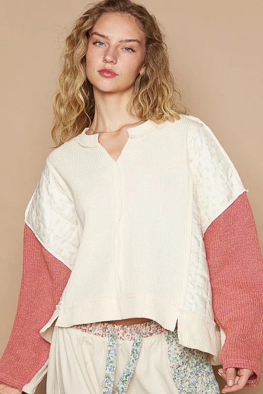 Waffle-Knit Contrast Notched Long Sleeve Knit Top